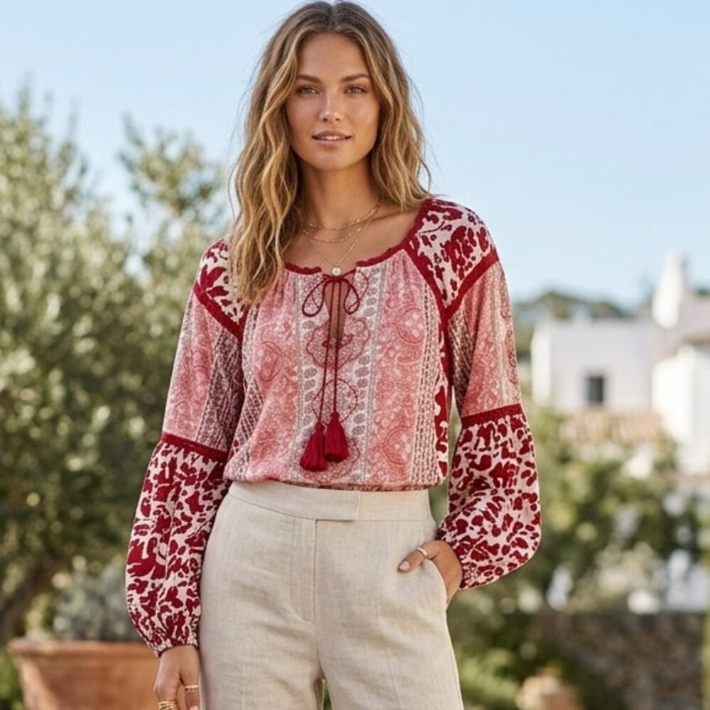 Rachel Zoe Mixed Print Peasant Top Womens XL Red Tassels Boho Balloon Sleeves - Picture 9 of 9